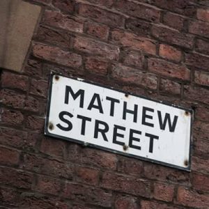 Shot of the Mathew Street sign in Liverpool.