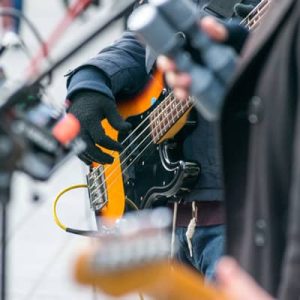 Street musician playing an instrument.